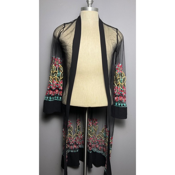 Liv Los Angeles Sweaters - Liv Los Angeles Sheer Mesh Embroidered Floral Boho Hippie Cardigan Duster Black